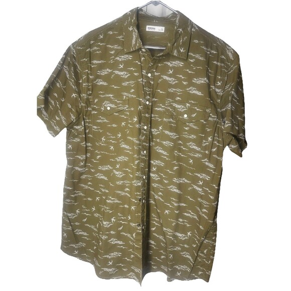 Sonoma Button-Down Shirt Men's XL Short Sleeve Kaki Green Birds & Waves - Picture 4 of 4